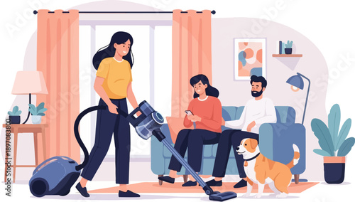 Family enjoys a clean living room with a pet dog and a woman vacuuming