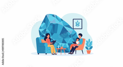 Family sitting in a living room with a giant crystal and plants