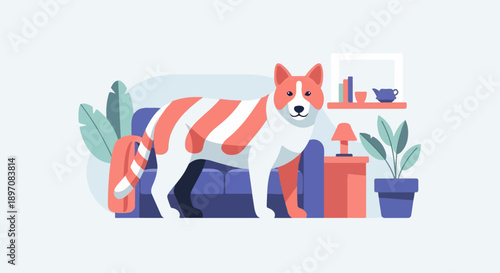 Flat illustration of a white and coral striped dog standing in a living room
