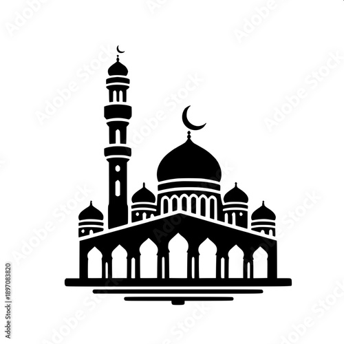 Minimal black silhouette mosque skyline with crescent moon on top, Arabic Islamic architecture vector, bold flat design, white background, text “Alhamdulillah (praise to God)” below, clean typography