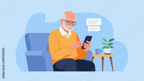 Elderly man in a cozy armchair uses a smartphone for communication