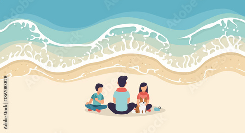 Family and dog relax on beach watching ocean waves