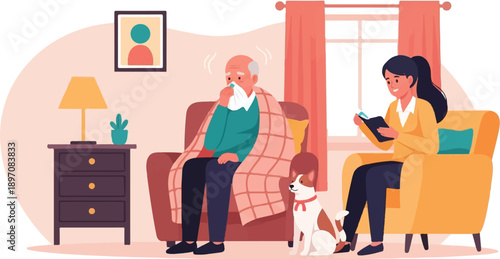 Elderly man ill in armchair, young woman reads, dog nearby, home