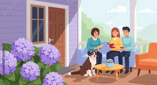 Family and dog relax on porch with hydrangeas and books
