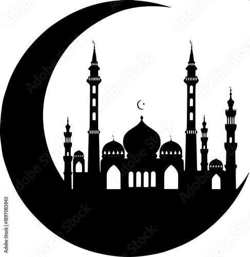 Minimal black silhouette mosque skyline with crescent moon on top, Arabic Islamic architecture vector, bold flat design, white background, text “Alhamdulillah (praise to God)” below, clean typography