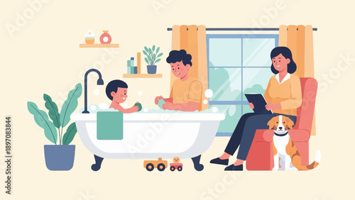 Family relaxing with a child in bath, father joining, mother reading