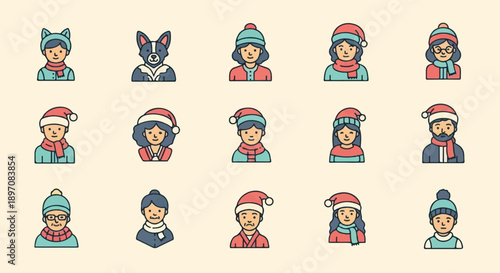 Diverse winter-clad cartoon characters, some with festive hats, some with animal ears