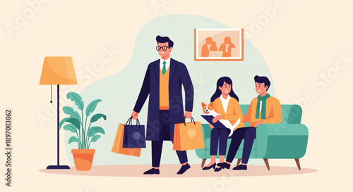 Family relaxing indoors with shopping bags, a dog, and a potted plant