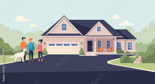 Family and dog stand by a suburban house with a large driveway