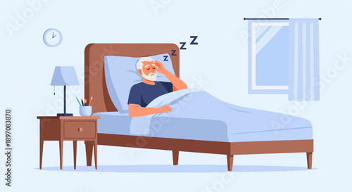 Elderly man in bed, struggling to sleep, with Z's floating above