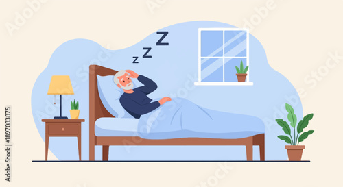 Elderly man in bed unable to sleep, looking troubled