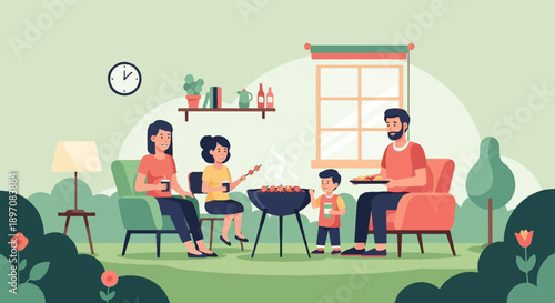 Family enjoys a backyard barbecue with grilled skewers and drinks