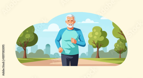 Elderly man jogging in a park with trees and cityscape background