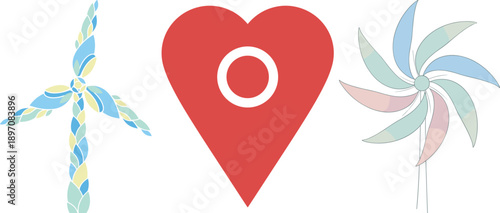 Eco-friendly wind turbine, red heart location pin, and pastel pinwheel vector illustration isolated on white