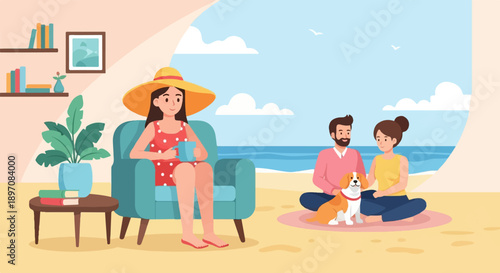 Family and pet enjoy a relaxing day at the beach with indoor comforts