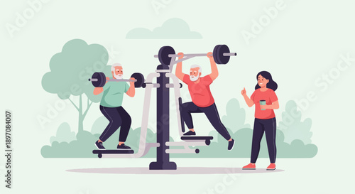 Elderly men exercise with weights, a woman watches with a drink