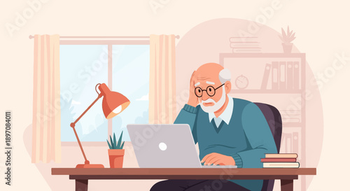 Elderly man with glasses looking stressed at laptop on desk by window