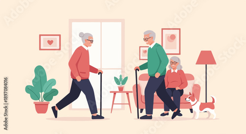 Elderly people and a dog in a cozy living room with plants and artwork