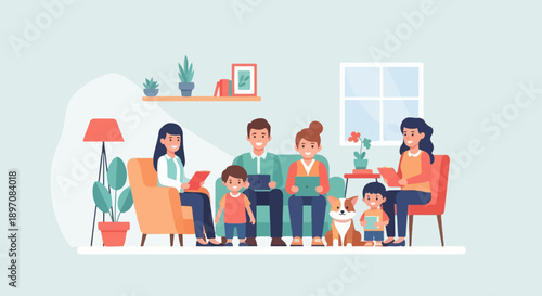 Family enjoying leisure time at home with digital devices and a pet