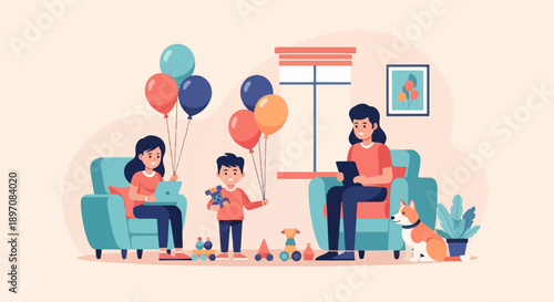 Family enjoying leisure time at home with toys and a dog