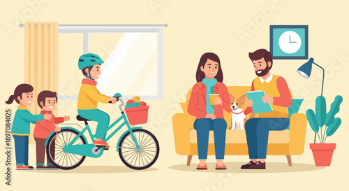 Family enjoying leisure time indoors and outdoors with a dog