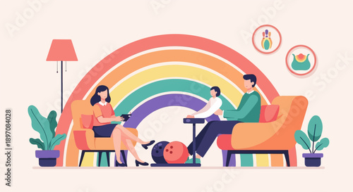 Family enjoying leisure time indoors with colorful decor