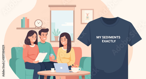 Family relaxing at home with a t-shirt displaying text