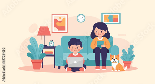 Family and pet relax at home, with child using laptop and mother reading