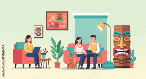 Family and pet relax in living room with tiki decor