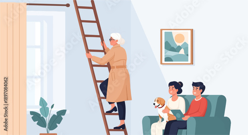 Elderly woman climbs ladder as couple with dog relaxes indoors