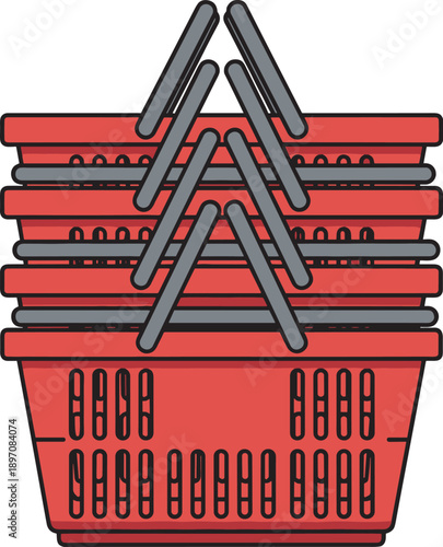 Stack of four red plastic shopping baskets with grey handles, vector illustration isolated on white