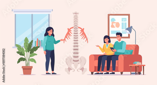 Doctor explains spine anatomy to a couple in a bright, modern office setting