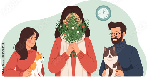 Family and pets celebrate winter holiday with festive greens and clock