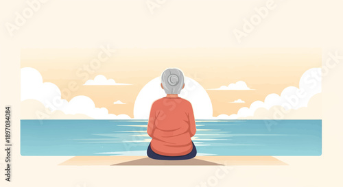 Elderly woman sitting on beach watching a soft sunrise over the ocean