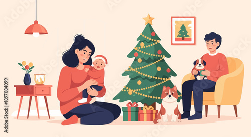 Family and pets celebrating Christmas indoors with a decorated tree