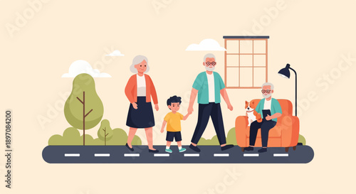 Family crossing street with dog, enjoying a relaxed day