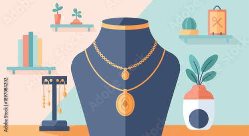 Elegant gold necklaces displayed on a blue mannequin with decorative plants