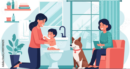 Family caring for baby and dog, home life, cozy atmosphere