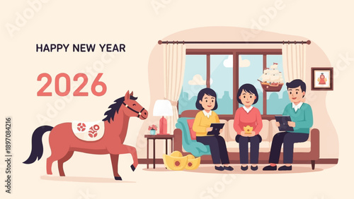 Family celebrates 2026 New Year with horse and digital devices