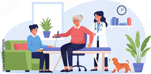 Doctor, patient, and companion receiving care in a modern medical setting with plants