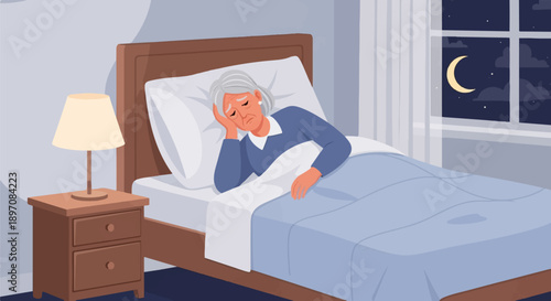 Elderly woman unwell in bed at night, bedside lamp glows