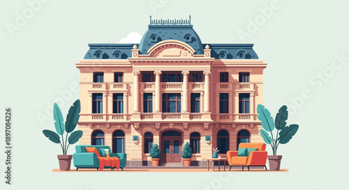 Elegant facade of a classic building with architectural details and potted plants