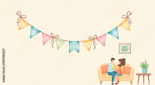 Family bonding on couch with party flags and plant decor