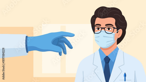 Doctor in medical attire with mask and glasses, a gloved hand reaches out