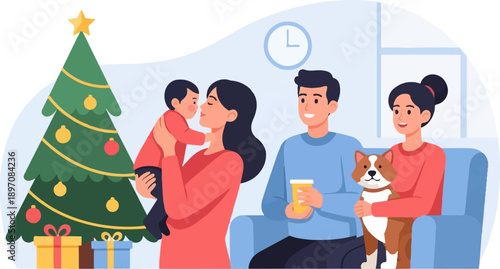 Family celebrates Christmas, with tree, gifts, and a dog