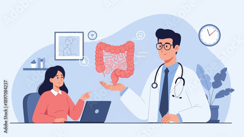 Doctor shows intestines to patient in clinic, consulting for gut health