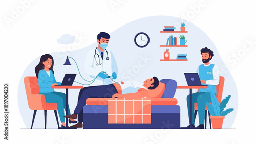 Doctor performs procedure on patient, assisted by two colleagues with laptops