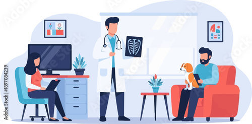 Doctor shows x-ray to patient and dog in a modern clinic setting