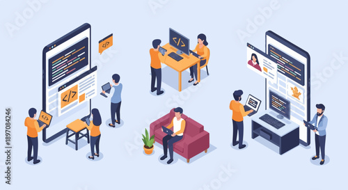 Diverse people collaborating and coding on various devices