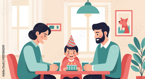 Family celebrates a child's birthday with cake and presents at a table